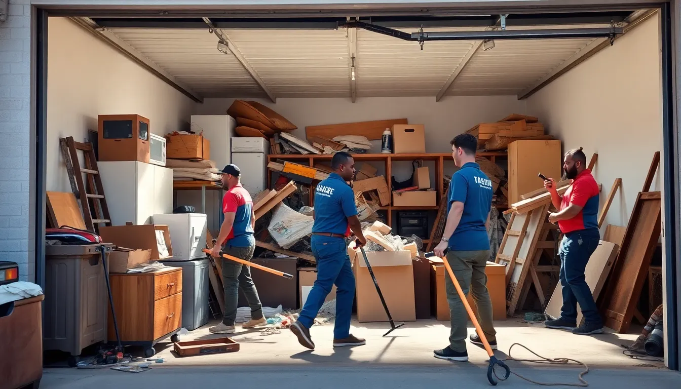 team of diverse junk haulers clearing out a garage space.
